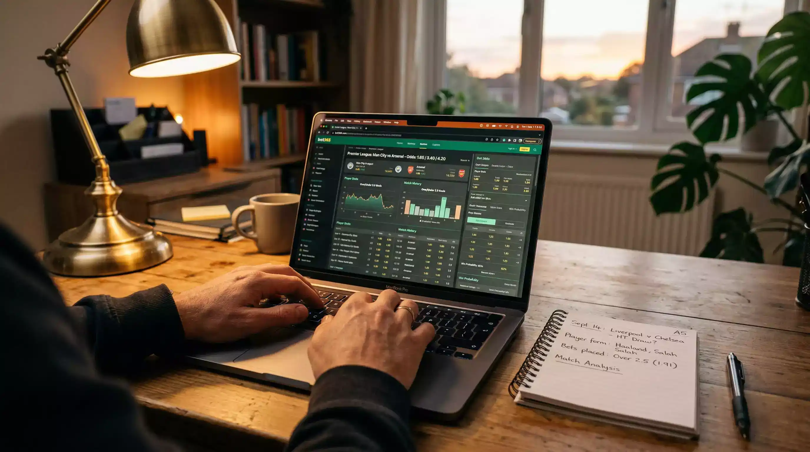 Persona analizando datos de apuestas deportivas en un ordenador portátil