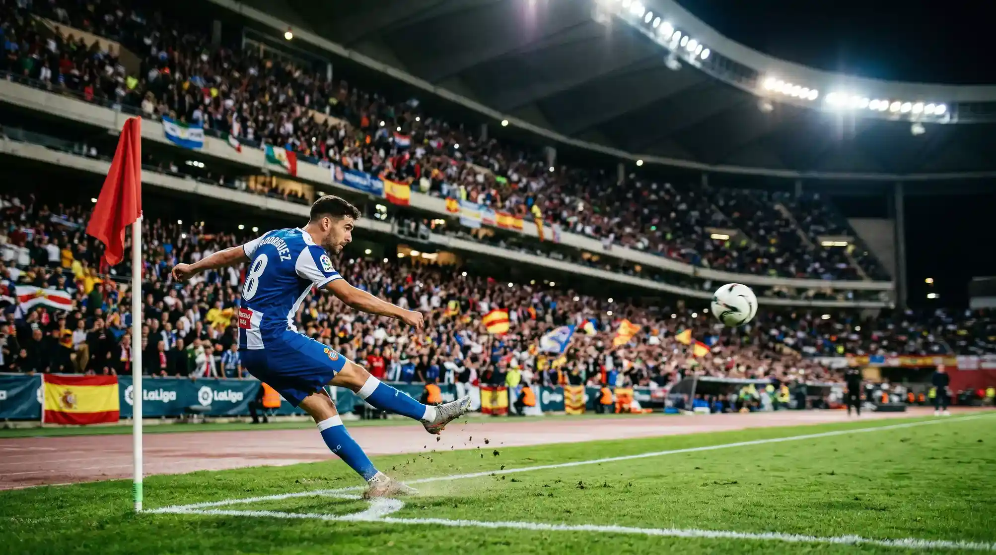 Jugador ejecutando un corner en partido de fútbol representando apuestas a corners en Premier League