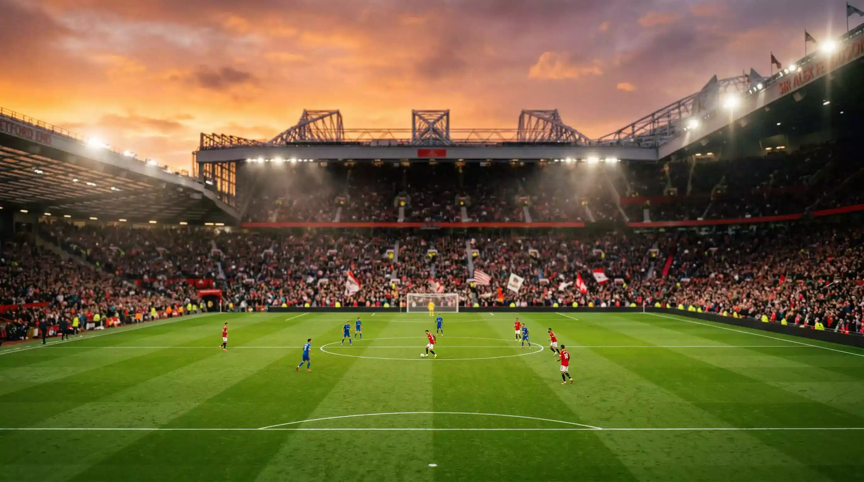 Estadio de fútbol de la Premier League con aficionados y luz dramática al atardecer