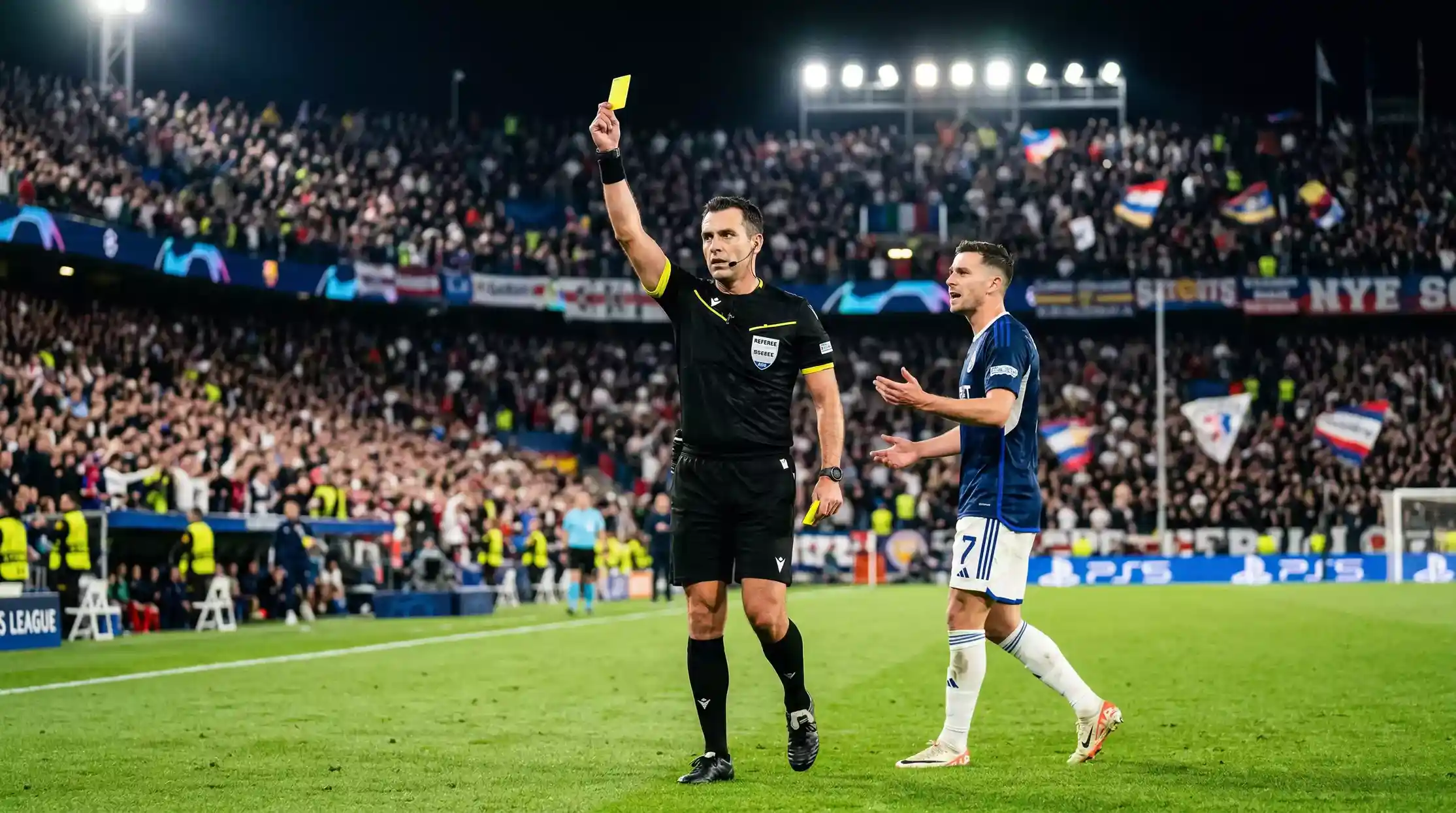 Árbitro mostrando tarjeta amarilla en partido de fútbol representando apuestas a tarjetas
