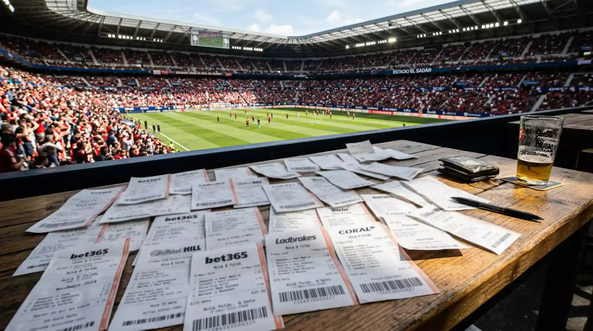 Ticket de apuestas con varias selecciones combinadas sobre estadio de fútbol representando parlay