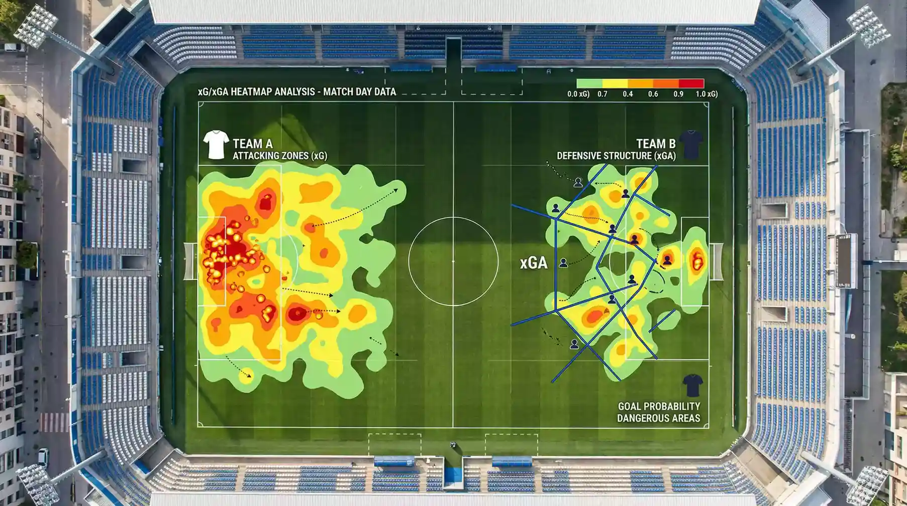 Campo de fútbol con zonas de probabilidad de gol marcadas representando métricas xG y xGA